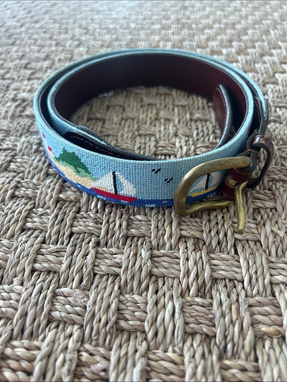 Classic Embroidered Sailing Scene Leather Belt - Blue